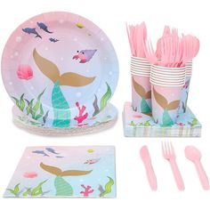 a mermaid themed party set with plates, napkins and utensils for kids