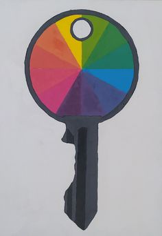 a drawing of a key with a multi - colored wheel on it's side