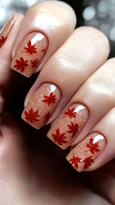 Fall Nails With Leaves Acrylic, Medium Almond Nails Designs, Maple Leaf Nails, Autumn Leaf Nails, October Nail Art, Maple Leaf Nail Art, October Nail Designs, Matte Maroon Nails, Nails With Blue