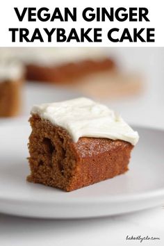 a piece of vegan ginger traybake cake on a white plate