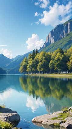 a lake surrounded by mountains and trees in the middle of it's own land