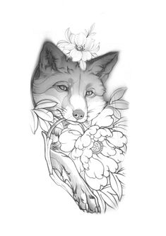 a drawing of a fox with flowers in its mouth