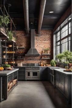 Kitchen with industrial elements and hanging metal pot racks Diy Brick Projects, Modern Classic Farmhouse, Brick Pathways, Classic Kitchen Decor, Exposed Brick Kitchen, Brick Wall Kitchen, Industrial Decor Kitchen, Eclectic Kitchen Decor, Contemporary Kitchen Decor