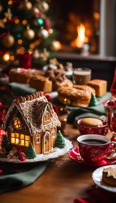 a gingerbread house sits on a table next to cups and saucers in front of a christmas tree