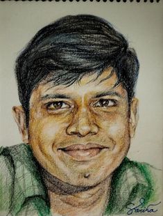 a pencil drawing of a man's face with black hair and green shirt on