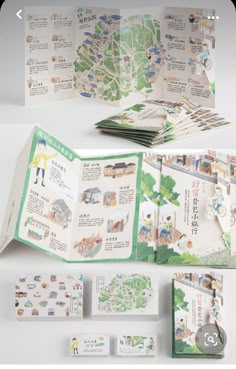 an open brochure with pictures of buildings and trees on the front, inside and out