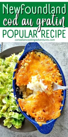 a blue casserole dish with cheese and lettuce on the side next to a salad