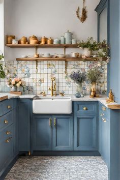 a kitchen with blue cabinets and shelves filled with dishes