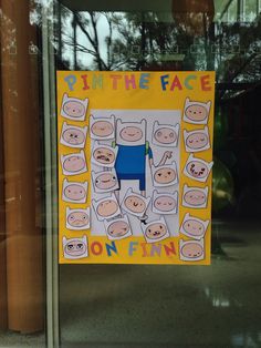 a sign that is on the side of a glass door saying, put in the face on finn