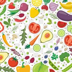 vegetables and fruits are arranged on a checkered background