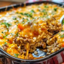 a spoonful of mexican rice and ground beef casserole is being lifted from the casserole dish