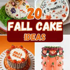 there are many different cakes on the table and one is decorated with fall leaves, pumpkins, and flowers