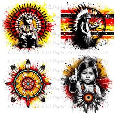 native american girl with feathers and sunflowers on her head, set of four watercolor