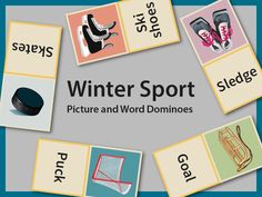 winter sport pictures and word dominos are displayed on a blue background with white letters