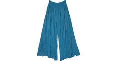 Cerulean Skies Wide Leg Shirred Waist Palazzo Pants Bohemian Summer Pants In Solid Color, Bohemian Summer Pants, Stretch Turquoise Bottoms For Spring, Casual Full Length Wide Leg Pants For Summer, Casual Blue Harem Pants For Summer, Casual Turquoise Pants, Breezy Wide-leg Summer Bottoms, Breezy Wide-leg Summer Pants, Breezy Blue Bottoms For Spring