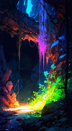 an image of the inside of a cave with bright lights coming from it and plants growing on the ground