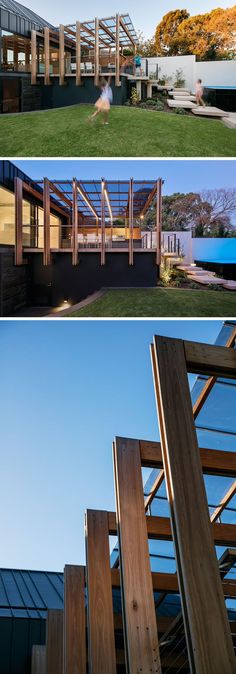 three different views of the outside and inside of a house with wooden slats on it