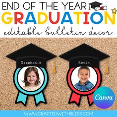 the end of the year graduation card with two kids in caps and ribbons on them