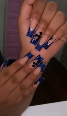 By @cinxnailz Blue Nail Designs Y2k, Blue Chrome Heart Nails, Blue Y2k Acrylic Nails, Nail Inspiration Dark Blue, Blue And Black Nails Ideas, Cute Medium Nails Ideas, Bold Nail Ideas, Blue Birthday Nails Acrylic, Royal Blue Gold Nails