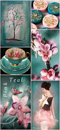 a collage of pink flowers and teacups with butterflies on them, in different colors