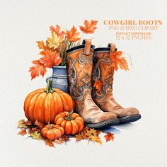 a pair of cowboy boots sitting next to some pumpkins and gourds with the words cowgirl boots