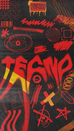 graffiti written in red and yellow on a black background with the word temp painted over it