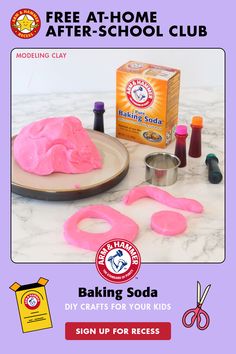 the flyer for baking soda is shown with scissors and other items on it, including pink icing