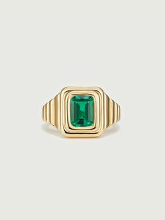 Crafted with meticulous attention to detail, this signet ring boasts a design that combines sophistication with a modern twist. The emerald cut of the stone exudes a sleek and contemporary aesthetic, while the lab-grown emerald embodies ethical and sustainable luxury. The ring's sleek band provides a sleek and comforta Elegant Emerald Cut Gemstone Signet Ring, Chunky Gem Ring, Timeless Emerald-cut Polished Signet Ring, Luxury Emerald-cut Signet Ring Gift, Luxury Emerald-cut Diamond Signet Ring, Modern 14k Gold Emerald-cut Signet Ring, Emerald Signet Ring, Gems Rings, Emerald Ring Design