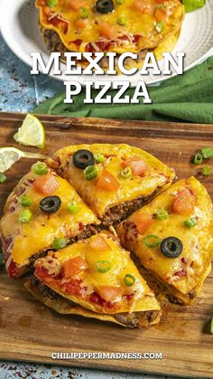 mexican pizza cut into slices on a cutting board