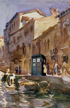 a watercolor painting of a street scene with a phone booth in the foreground