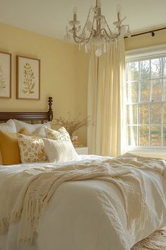 a bedroom with a chandelier hanging from the ceiling next to a large bed