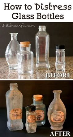 an image of glass bottles that are before and after being used to make soaps