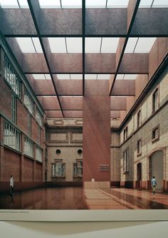 an empty building with people standing in the center and one person walking on the other side