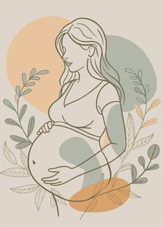 a pregnant woman holding her belly in front of an orange and blue circle with leaves