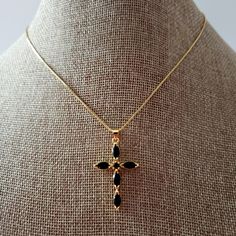 Copper Gold Plated Black Cross Necklace. New With Tag Super Cute With Heart Detail Elegant Black Pendant Cross Necklace, Black Cross Necklace With Box Chain, Black And Gold Cross Necklace, Luxury Black Cross Necklace, Elegant Gold-tone Cross Necklace, Black Cross Necklace, Gold Bridal Jewellery Sets, Gold Cross Necklace, Cross Jewelry