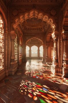 the sun shines through stained glass windows in an ornate room with columns and arches