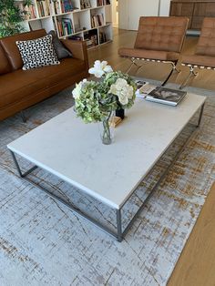 a living room with two couches, a coffee table and a book shelf filled with books