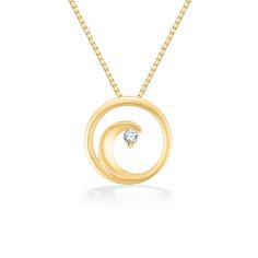 14K Yellow Gold Na Keiki (Children's) Wave Pendant with a 0.015 Carat Diamond. 13" 14K Yellow Gold Chain included. The pendant measures approximately 3/8" in diameter. Beaches In Hawaii, Wave Pendant, Pendant Designs, Simple Pendant, Wave Necklace, Gold Waves, Ocean Wave, Yellow Gold Chain, Fine Jewels