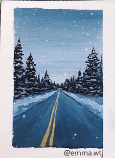 a painting of a snowy road with pine trees