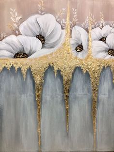 an artistic painting with white flowers and gold paint