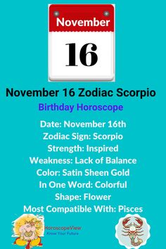 a poster for the zodiac scorpios event on november 16, with dates