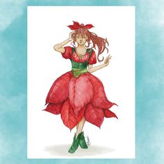 a drawing of a woman in a red dress and green shoes with her hands on her head