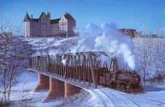 a painting of a train crossing a bridge in the snow