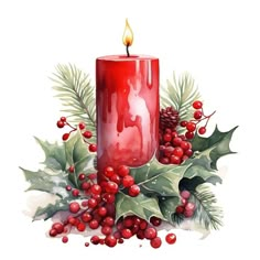 a red candle surrounded by holly and berries