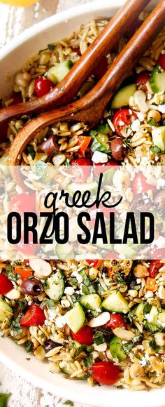 greek salad in a white bowl with two wooden spoons on the side and text overlay that reads, greek orzo salad