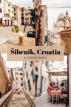 people sitting at tables in an alleyway with the words sibenik croatia on it