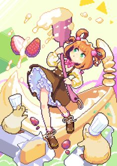 an image of a cartoon character with many things in her hand and on the ground