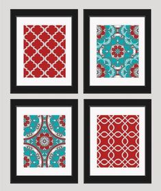 four red and turquoise wall art prints with black frames