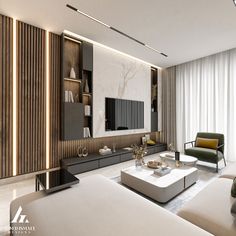 a modern living room with white furniture and wood paneling on the wall behind it