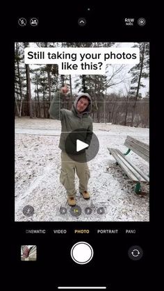 a man standing in front of a wooden bench on top of snow covered ground with the caption still taking your photos like this?